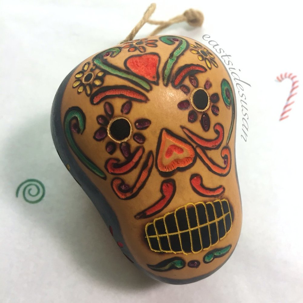 💀Handmade in Mexico GOURD Ornament SKULL RATTLE Day of the Dead & Xmas EX COND